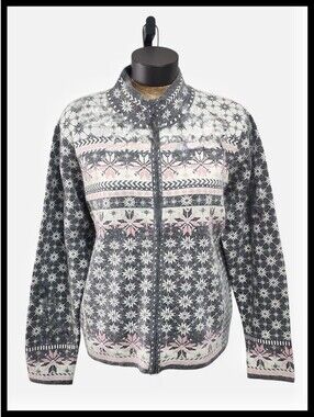Icelandic Design Zipper Cardigan Sweater Snowflake Angora Blend Gray Pink Large